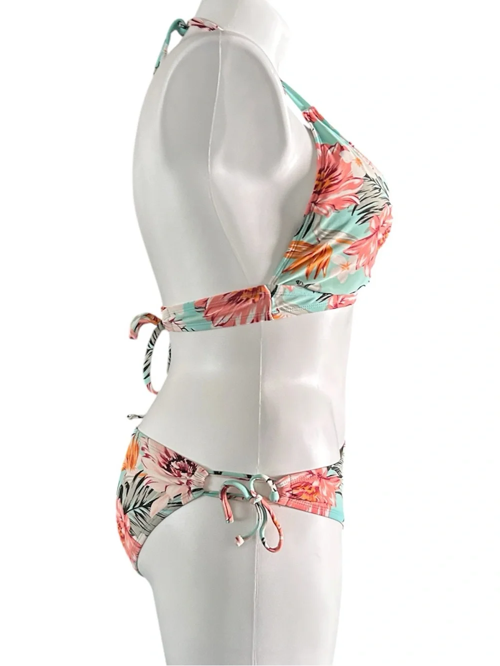 Kona Sol Triangle Bikini Floral Print Aqua Pink White Halter Top EUC Sz XL